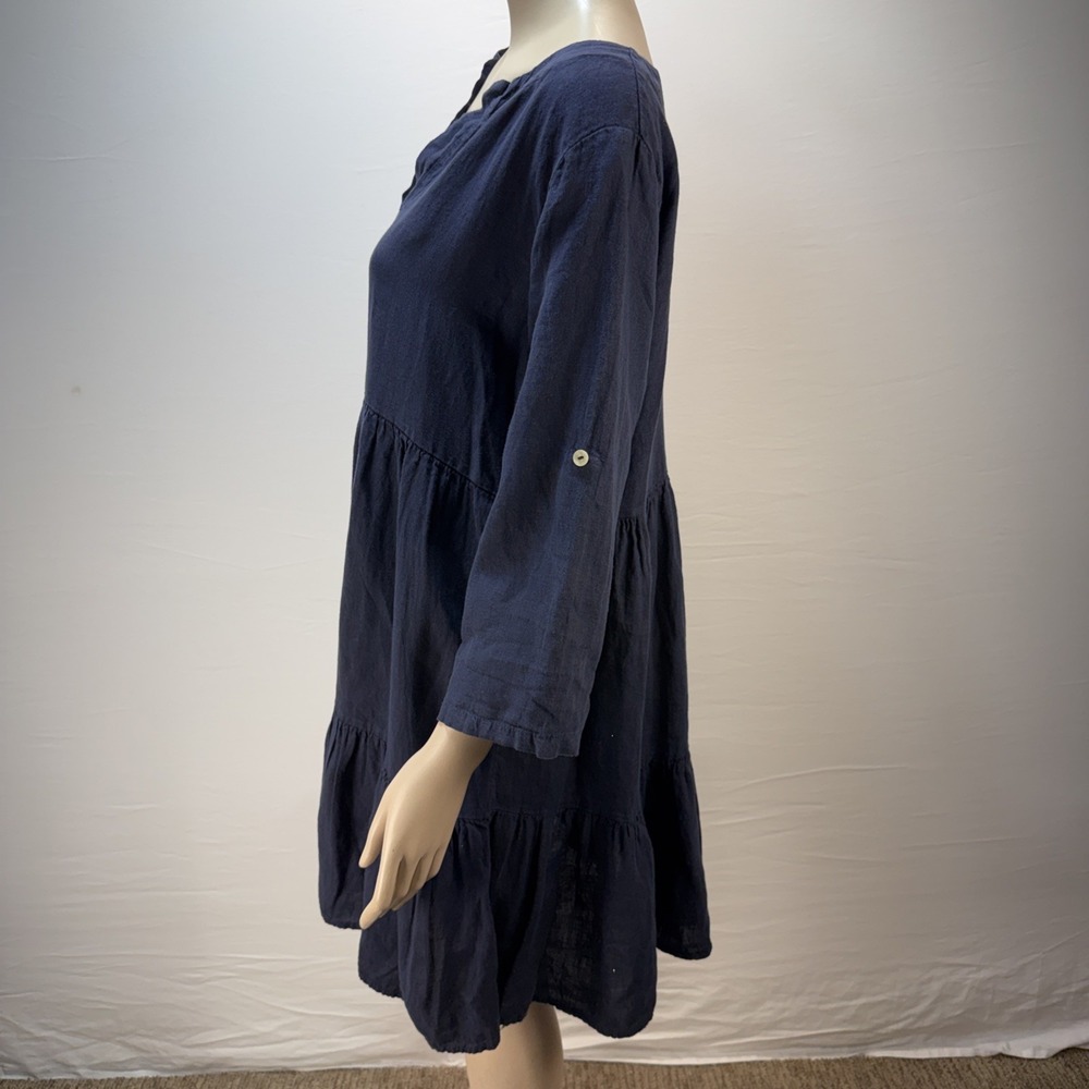 Bellambia Navy Blue Linen Tiered Dress Size L V-Neck 3/4 Roll Sleeve Made Italy - Picture 3 of 7